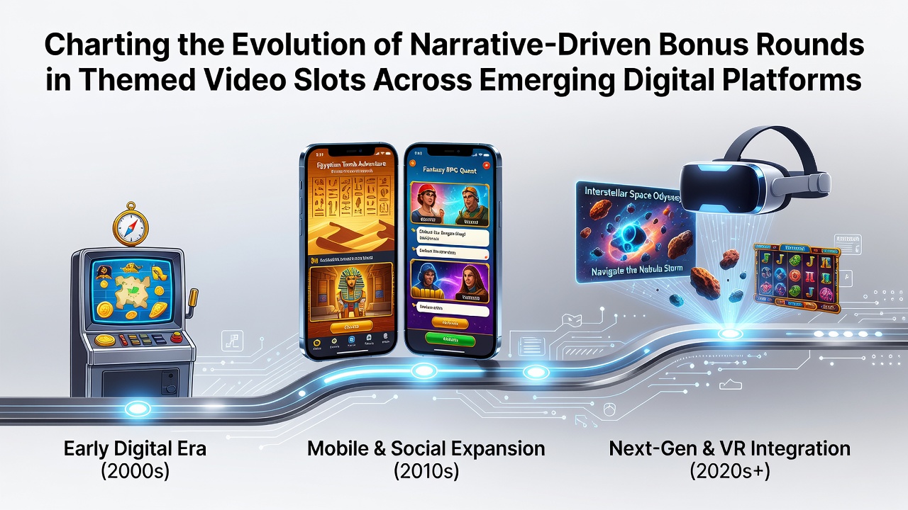Illustration showing progression from classic slot machines to narrative-driven themed video slots on digital platforms