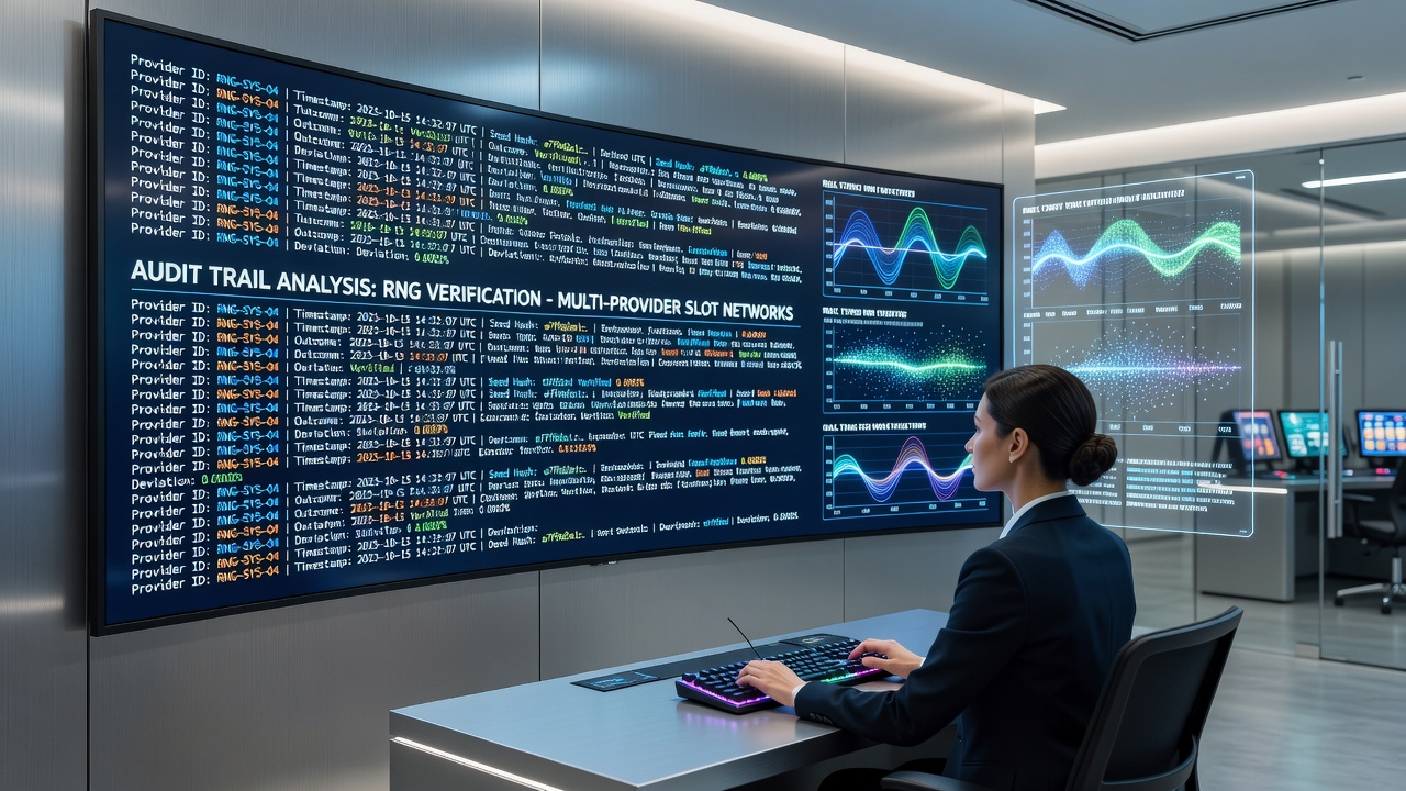 Centralized server room displaying synchronized audit logs from various slot game providers