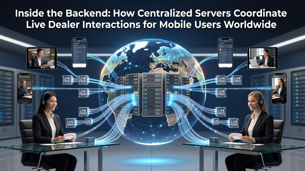 Centralized server infrastructure diagram showing live dealer coordination for mobile platforms