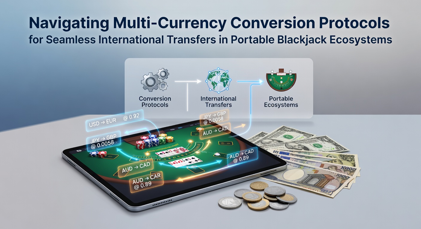Mobile blackjack interface displaying multi-currency conversion options during international fund transfers