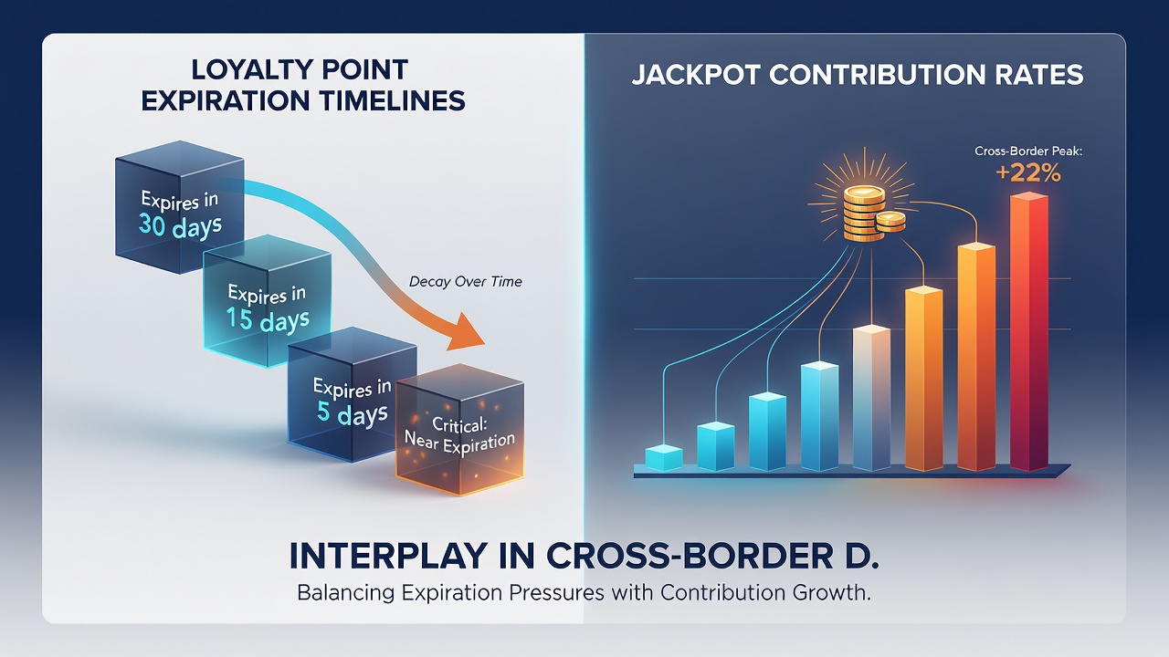Network dashboard showing loyalty point expiration alerts connected to jackpot contribution rate adjustments