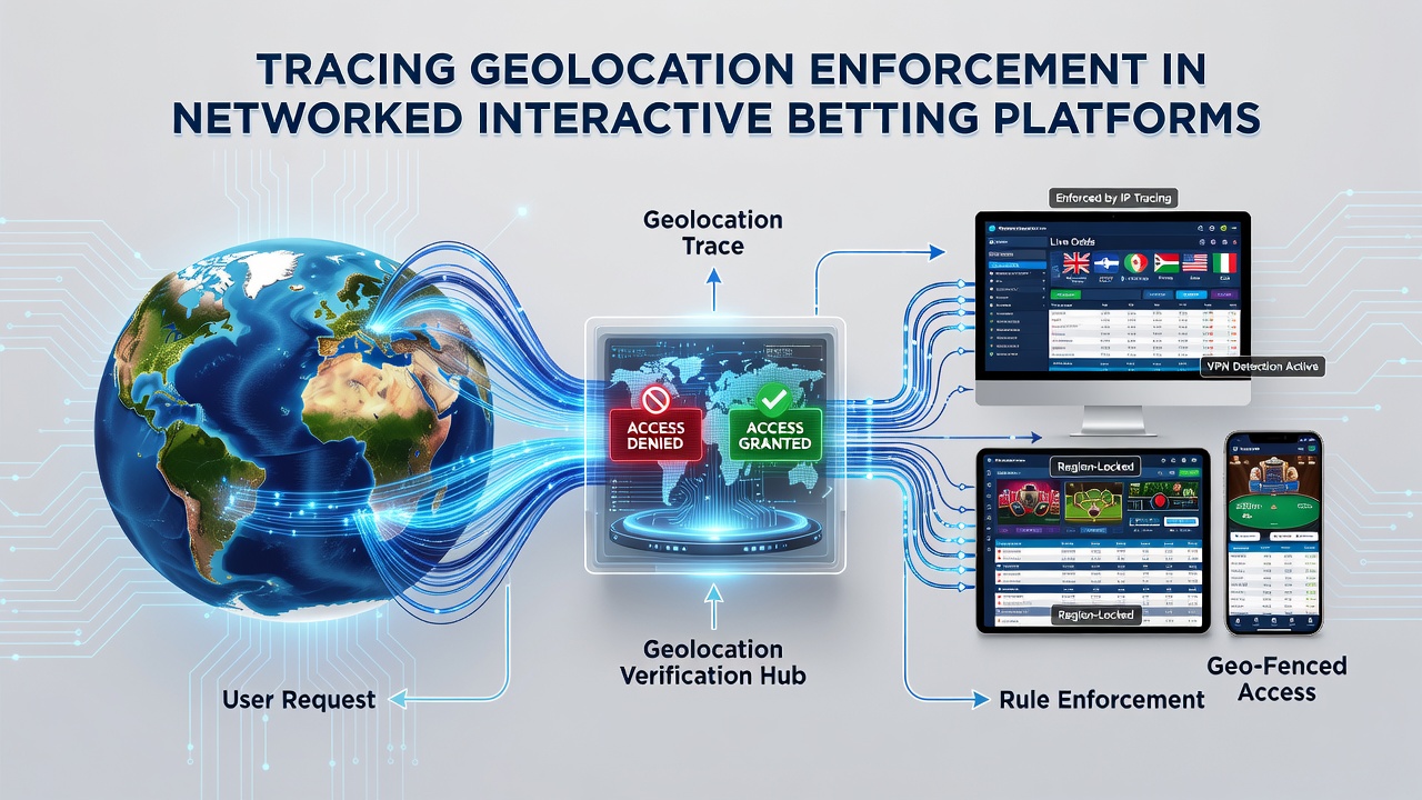Network diagram of betting platform servers with geolocation checkpoints
