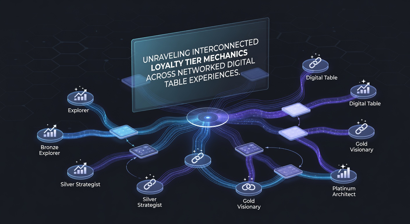 Networked digital table game interface showing interconnected loyalty tiers and player progress across multiple platforms